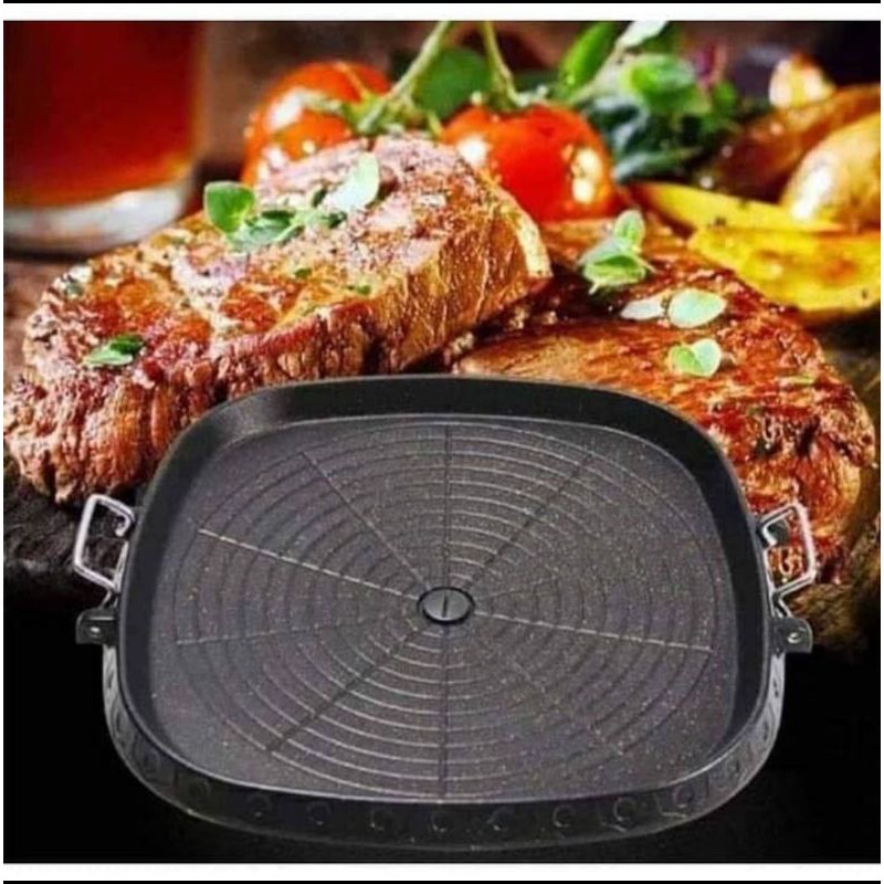 Korean BBQ grill pan 32cm ANTI LENGKET / BBQ SQUARE GRILL PAN 32CM / bulgogi pan square grill / yakiniku / square multi grill pan anti lengket / wajan panggangan BBQ non stick 32 cm