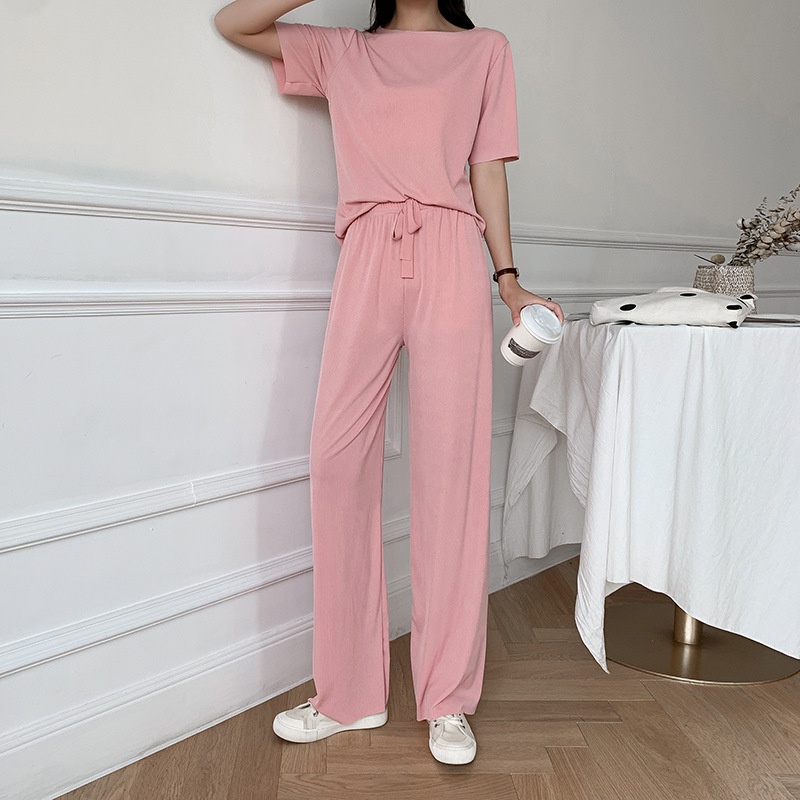 Piyama Baju Tidur Import Sleepwear Lengan Pendek Celana Panjang Polos Stelan Rumah Oversize Ice Silk-6