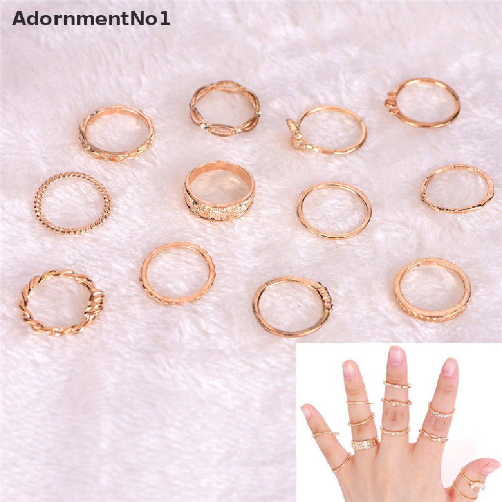 (AdornmentNo1) 12pcs / Set Cincin Buku Jari Aneka Bentuk Warna Gold Gaya Vintage Punk Untuk Wanita