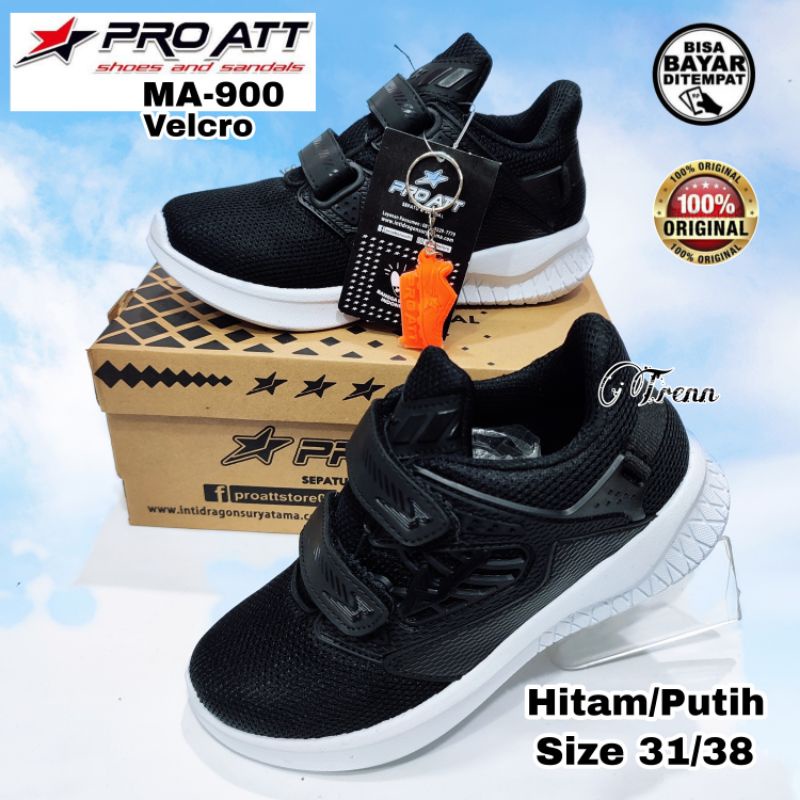 PRO ATT Pi 600 Velcro Perekat Tempel Asli Original Sepatu Sekolah Anak Laki Laki Perempuan Tk Sd  Hitam Putih - Black White