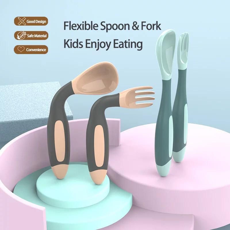 Bendable Flexible Spoon Fork with case sendok bulat mpasi makan bayi bengkok