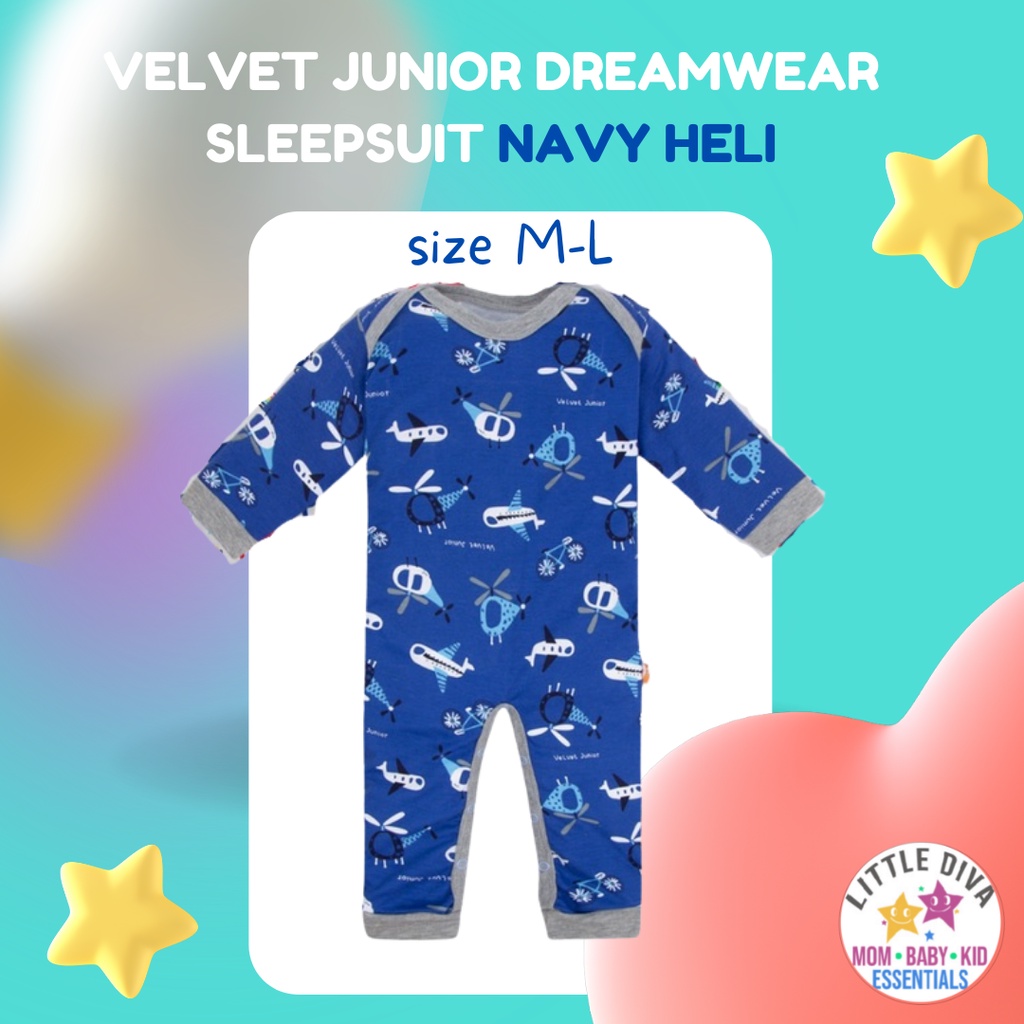 SLEEPSUIT Bayi size S / M / L NAVY HELI Velvet Junior TOPI Model KAKI TERBUKA alt vv