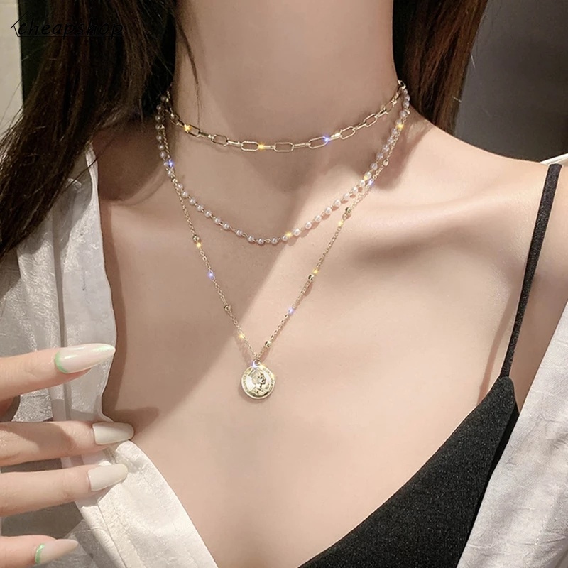 IFYOU Fashion Multilayer Pearl Gold Necklace Portrait Pendant Necklace Chain Choker Women Jewelry Accessories