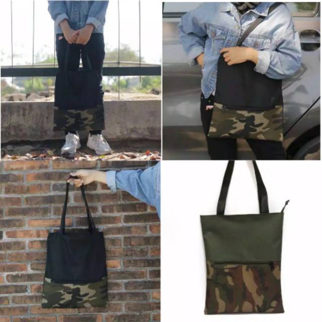 Totebag polos  loreng army  Tote  bag  resleting Shopee 