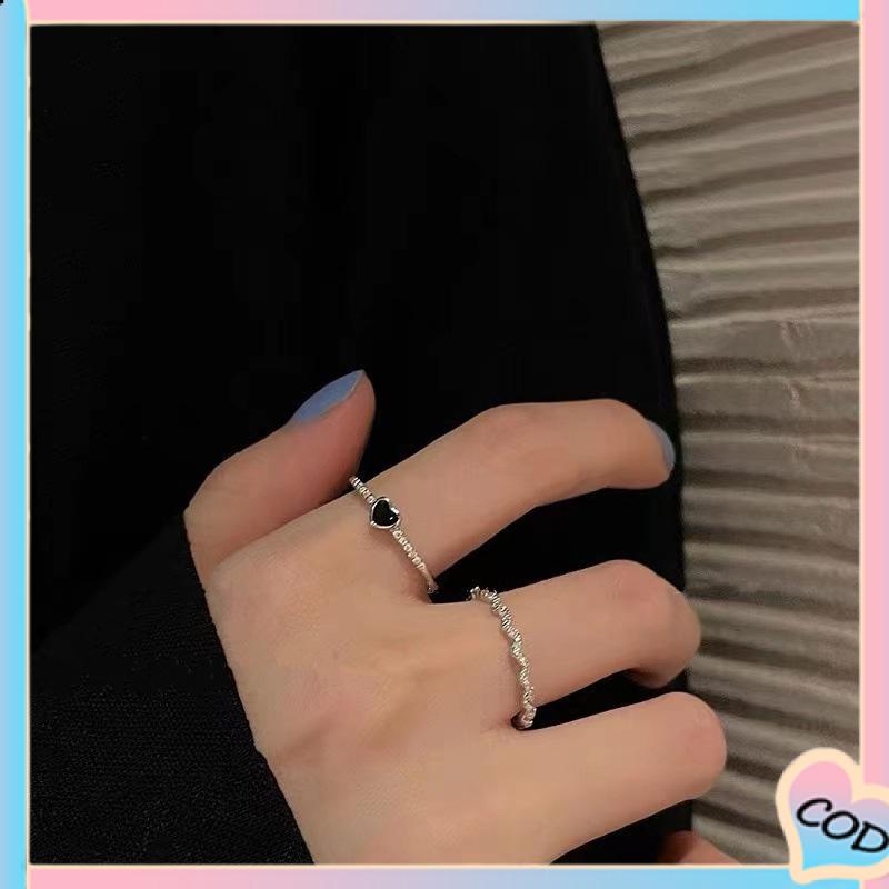 COD❤️ 2 pcs Cincin Zirkon Hitam Wanita High-end Fashion Kepribadian Jari Telunjuk Cincin-A.one