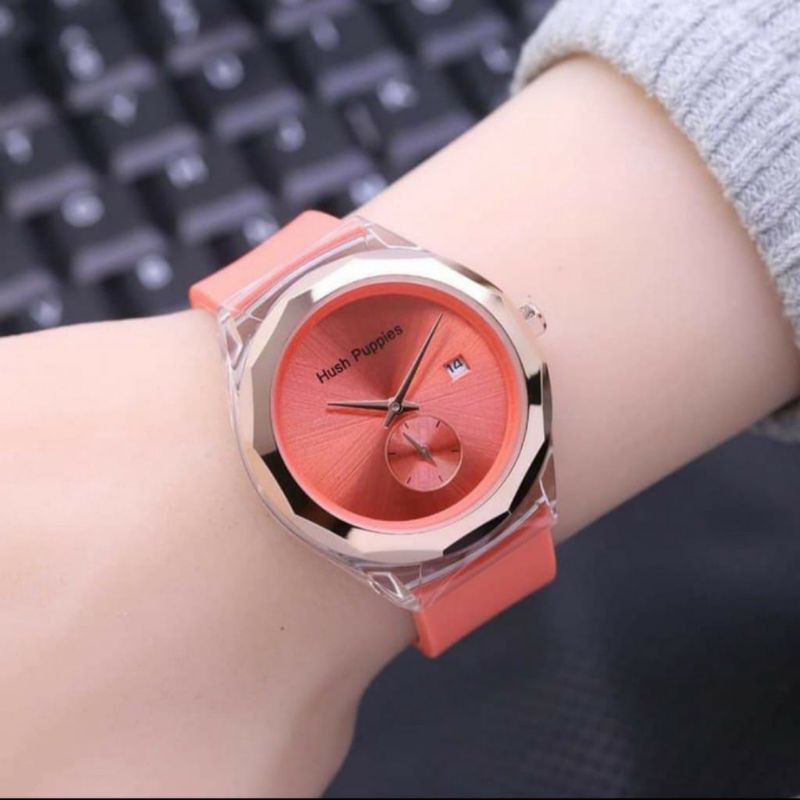 (Cod)Jam Tangan Wanita Hushpuppies Bulat Strap Rubber Tanggal Aktif(Dikirim Jakarta)