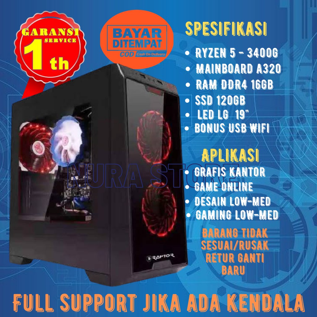 pc gaming editing rakitan murah amd ryzen 5 3400g ram ddr4 16gb ssd 120gb   monitor led lg 19 