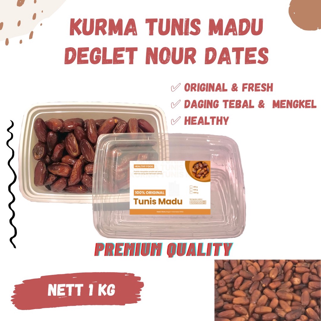 

KURMA TUNISIA MADU 1KG REPACK Korma Tunis Deglet Nour 1 kg Tanpa Tangkai Alger Manis Dates