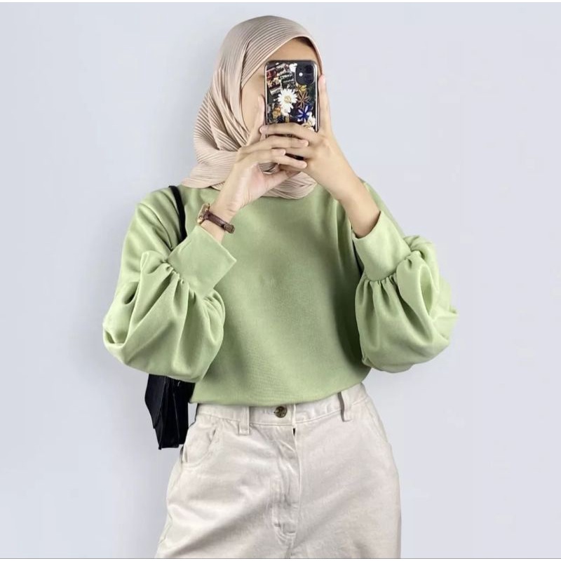 Atasan Wanita Lengan Balon/Baju Wanita Obolong Polos Lengan Balon/Kaos Wanita Rib Rajut Polos Lengan