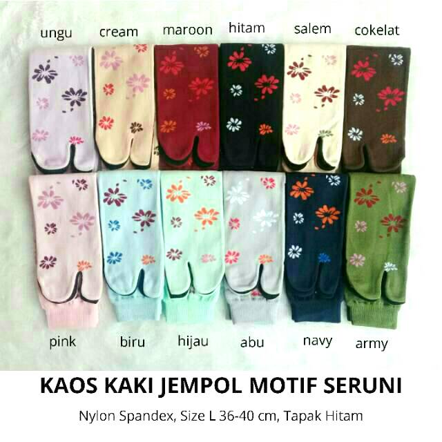 Kaos Kaki Jempol Wanita Muslimah Motif Seruni (Nylon Spandex Size L Tapak Hitam Panjang Murah Tebal)