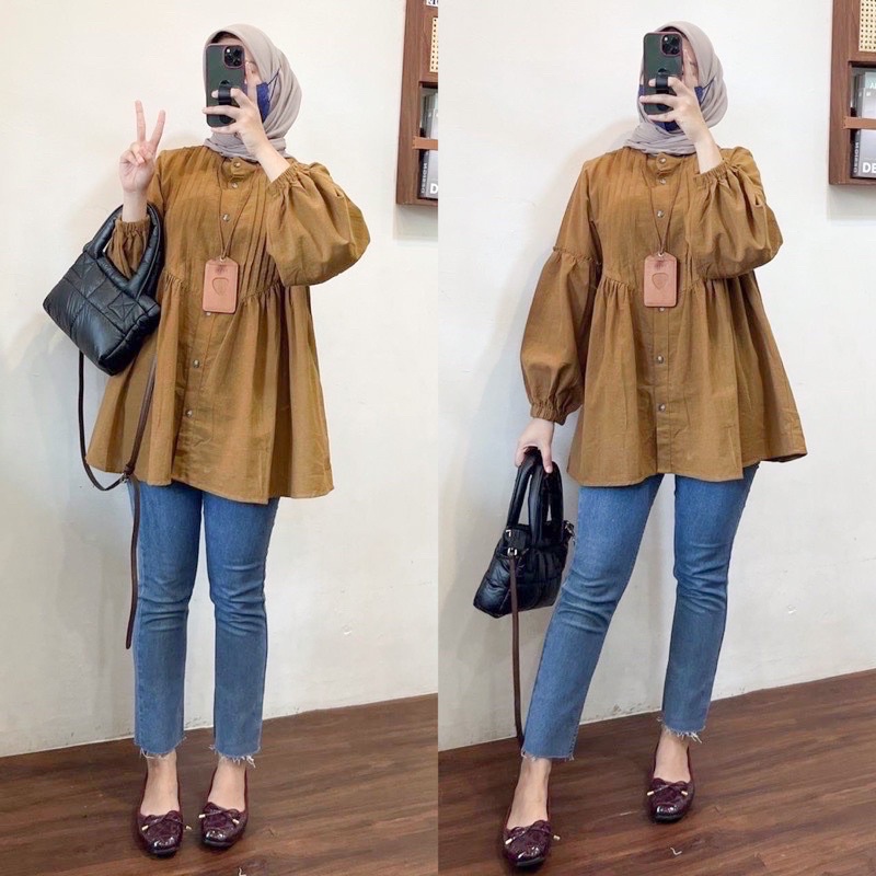 Lamia Top Blouse Linen Premium Polina Blouse Balon Wanita