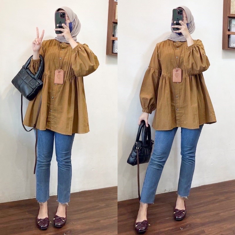 Lamia Top Blouse Linen Premium Polina Blouse Balon Wanita