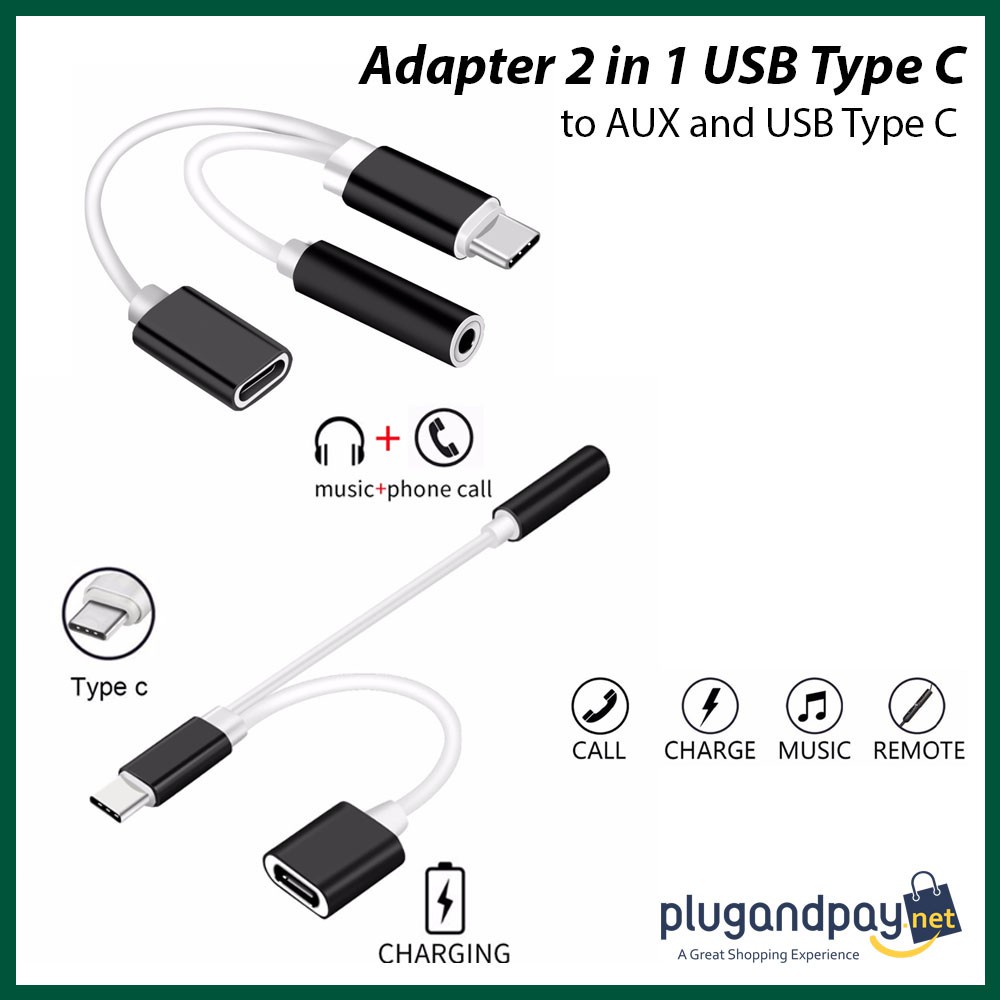 Jual Adapter 2 In 1 USB Type C To AUX 3 5mm Headphone USB Type C Adaptor Splitter Plugandpay