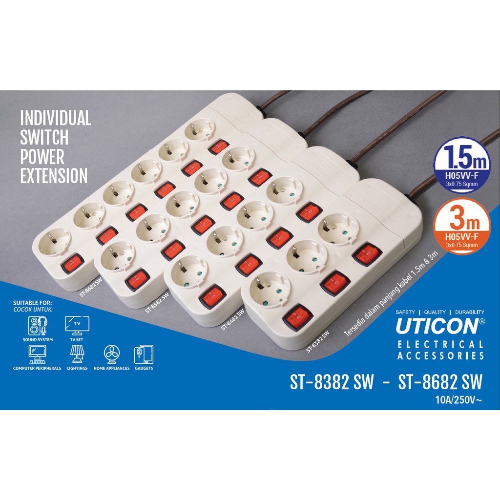 UTICON ST8682SW + 6 Lubang + Kabel 3 Meter - Stop Kontak + Saklar Individual