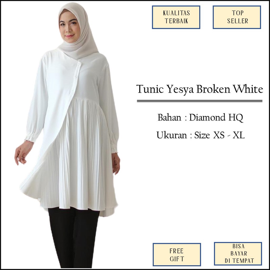 Atasan Tunik Tunic Broken White Putih Casual Formal Polos Plisket Bahan Diamond Size XS XL Jumbo M12