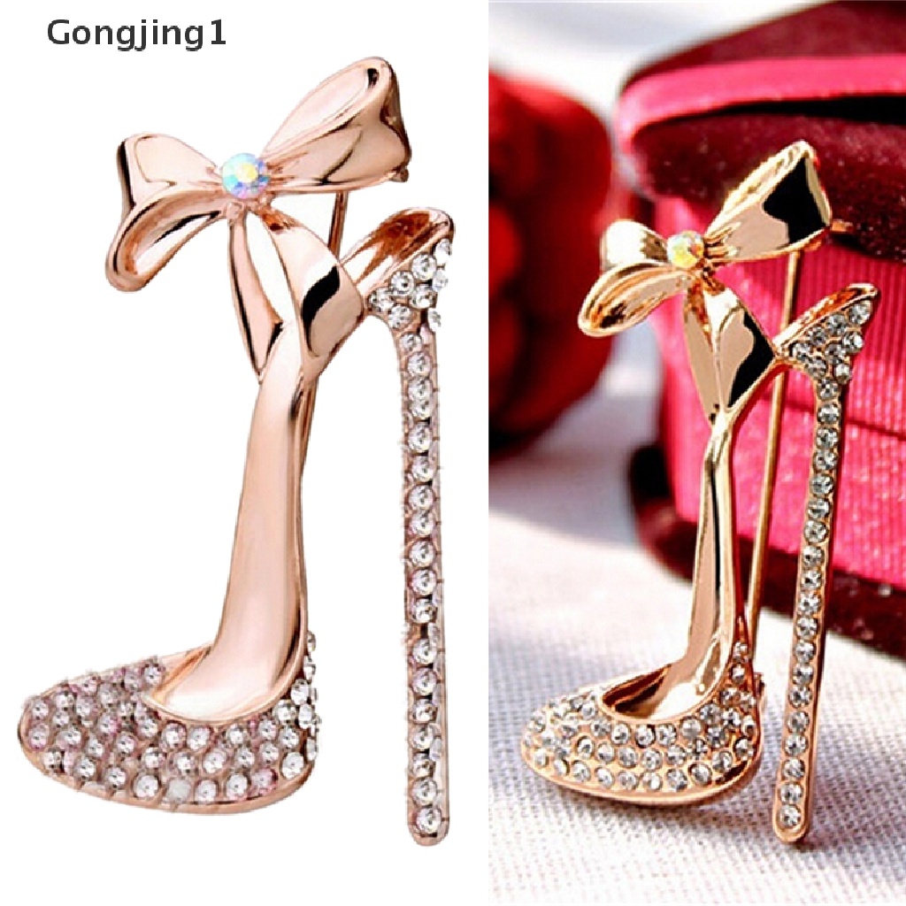 Gongjing1 Bros Pin Lapis Emas Desain Sepatu High Heels Hias Kristal Berlian Imitasi Untuk Wanita