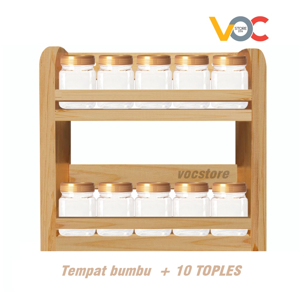 Tempat Bumbu Kayu 2 Tingkat dengan 10 Toples Dapat Sticker Bumbu