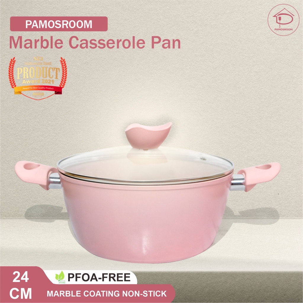 Pamosroom Casserole Granite Pan 24cm Anti Lengket + Tutup Panci Marble Coating Pan Premium Cookware