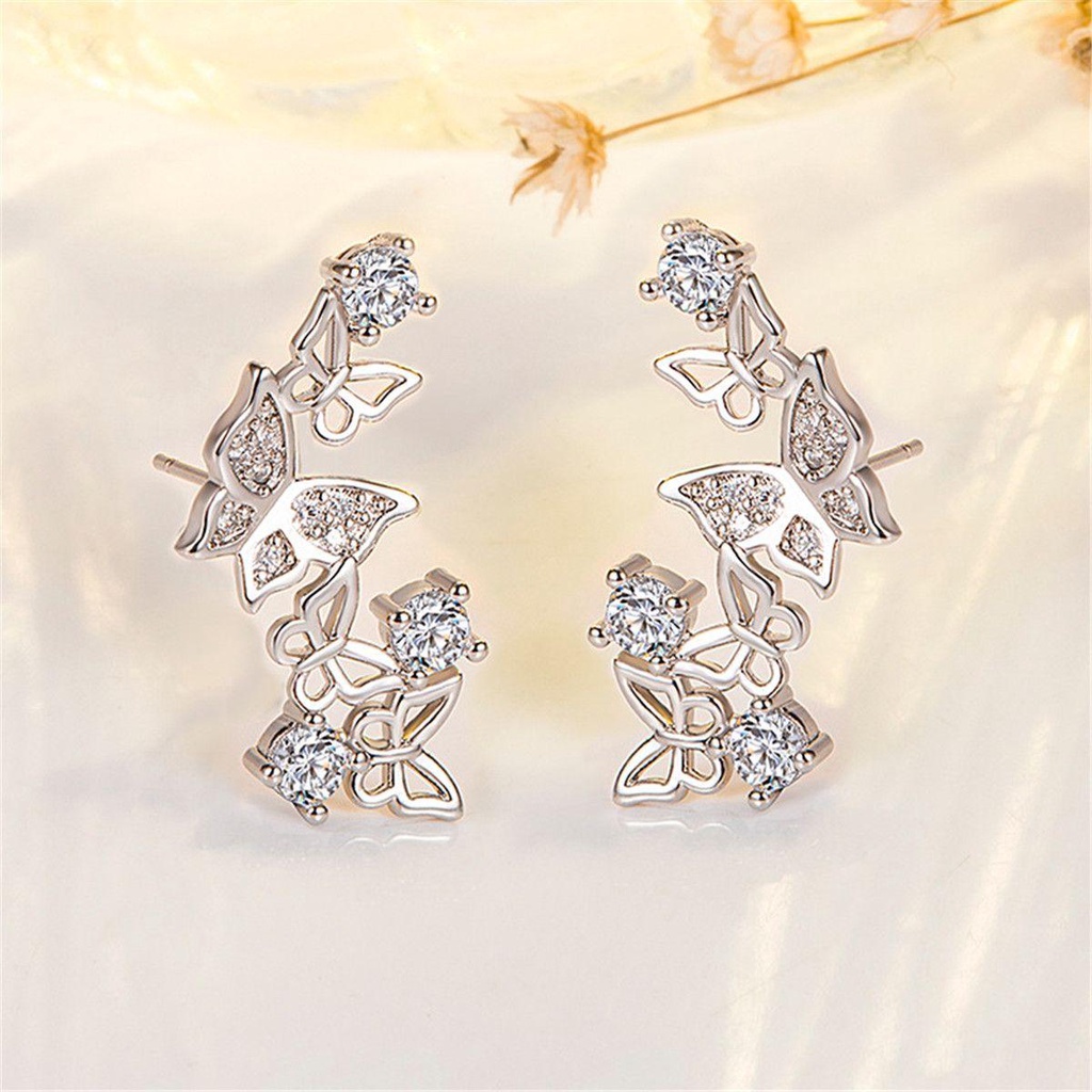 R-flower 2Pcs Butterfly Stud Earrings Fashion Berlian Imitasi Gadis Anting Perak