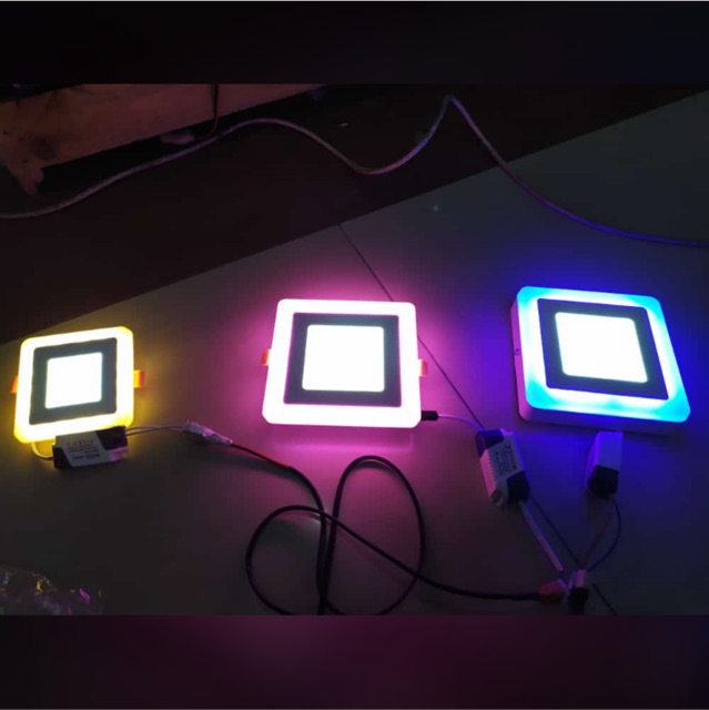 Downlight LED PANEL 2 Warna 3+3 watt IB BULAT KOTAK nyala PUTIH ditengah BIRU KUNING PINK disamping