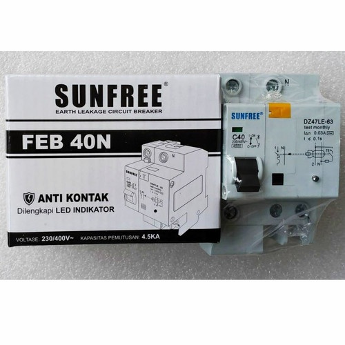 Sunfree FEB 40N Anti Kontak Listrik / Anti Konslet ELCB / MCB 40 A Dengan Indikator LED