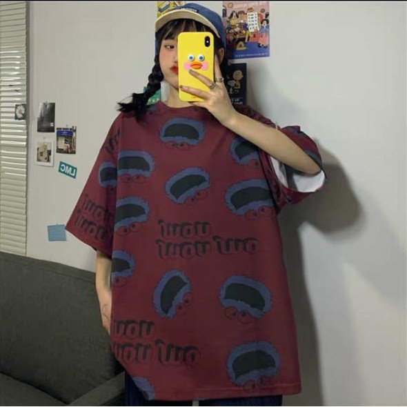 Oversize Tee Tshirt   Model Longgar Untuk Wanita Motif Elmo Nomnom