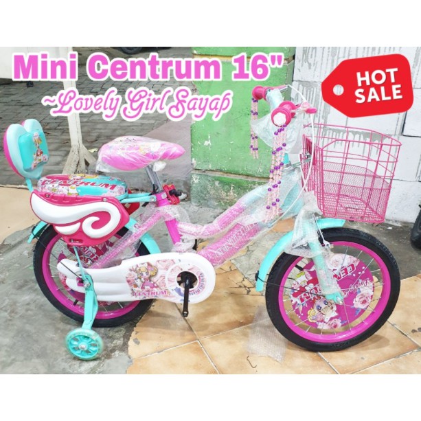 Sepeda Anak Perempuan 16 & 18 Inch Mini Centrum Sayap Keranjang-Pink
