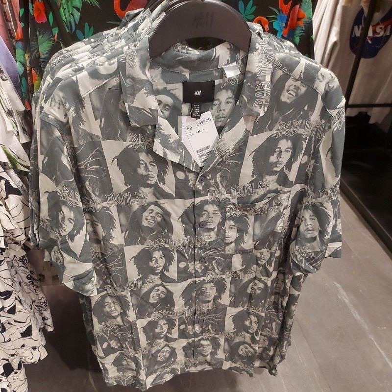 H&m Patern Resort Shirt Bob Marley Jaws Spongebob Kemeja hnm