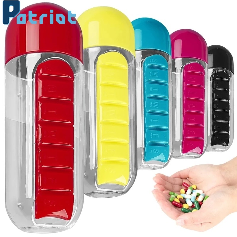 600ml Portable Water Bottle with 7 Compartments Pill Organizer Box / Patient Plastic Drinking Bottle Tea Cup Bottle Drinkware