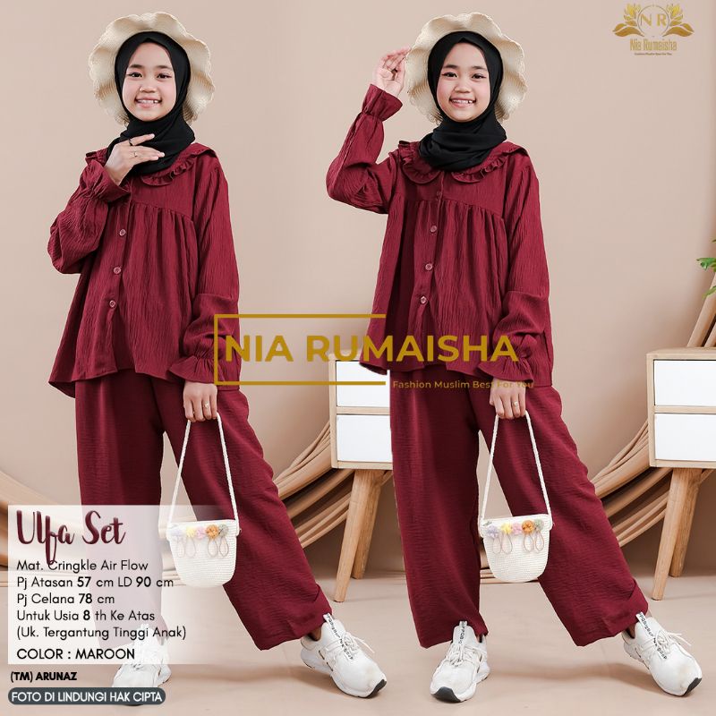 Setelan Anak #1 Motif Polsa / Falfa / Mia Rainbow / Gaida / Granada / Grenty / Shafa / Nagita / Metta / JK / Leopard / Khaula / Joela / Jihan / Jannah / Rasya / Rose / Jofa / Rinaya / Jannati / Ulfa / Moza Original Nia Rumaisha-Ulfa marun