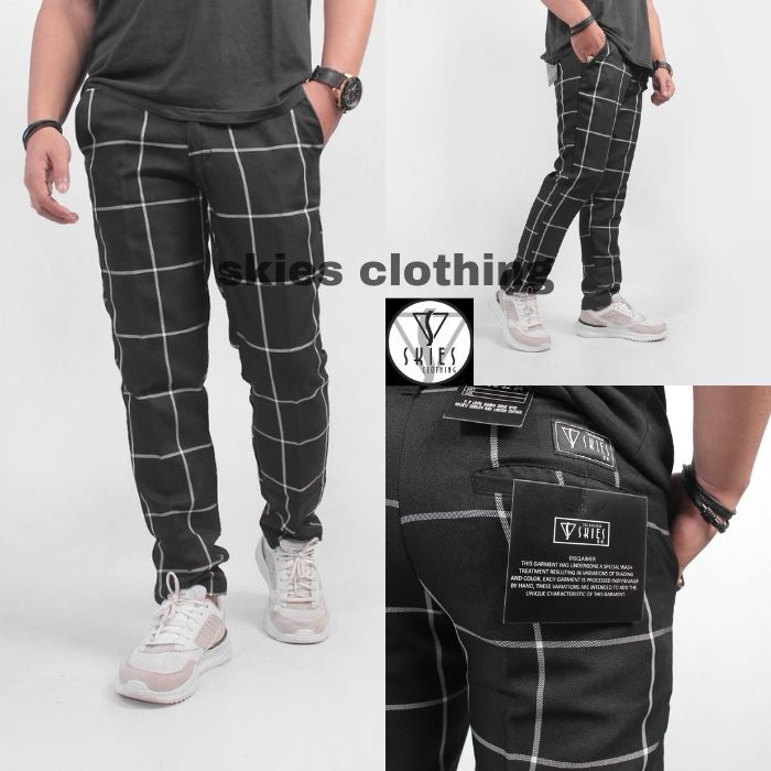 Celana Tartan Pria Hitam Slimfit Katun Semiwol Celana Kotak Pria Tartan Panjang Outfit Skies On Ori