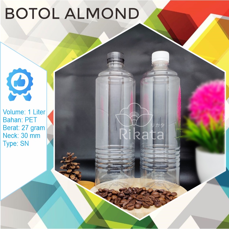 PROMO ECER Botol Almond 1 liter 1L / Botol Plastik 1000 ml / Botol PET Free Tutup / Botol Minuman Ko