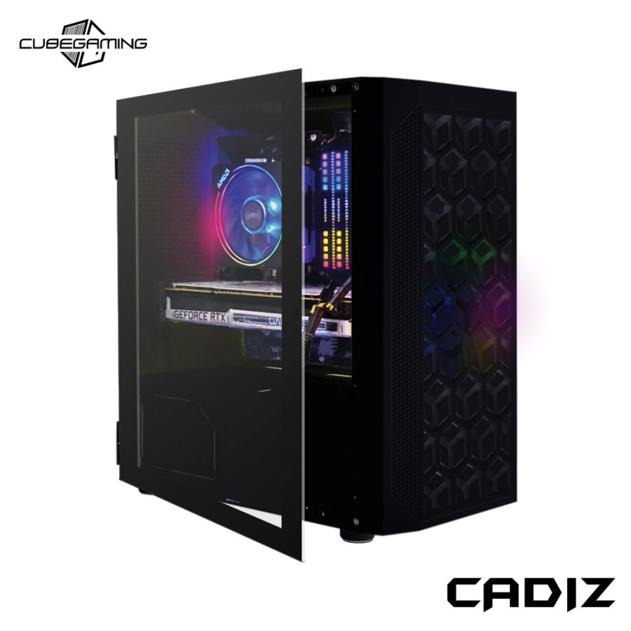 CUBE GAMING CADIZ Black - mATX - LEFT SIDE GLASS DOOR - Dust Filter - PSU Cover - Free 1 pcs RAINBOW