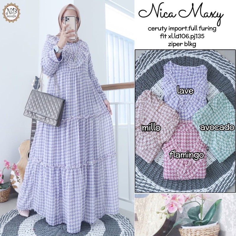 Baju Gamis Cerruty Full Furing Nica Maxy Zipper Belakang Motif Kotak Kotak by Nb