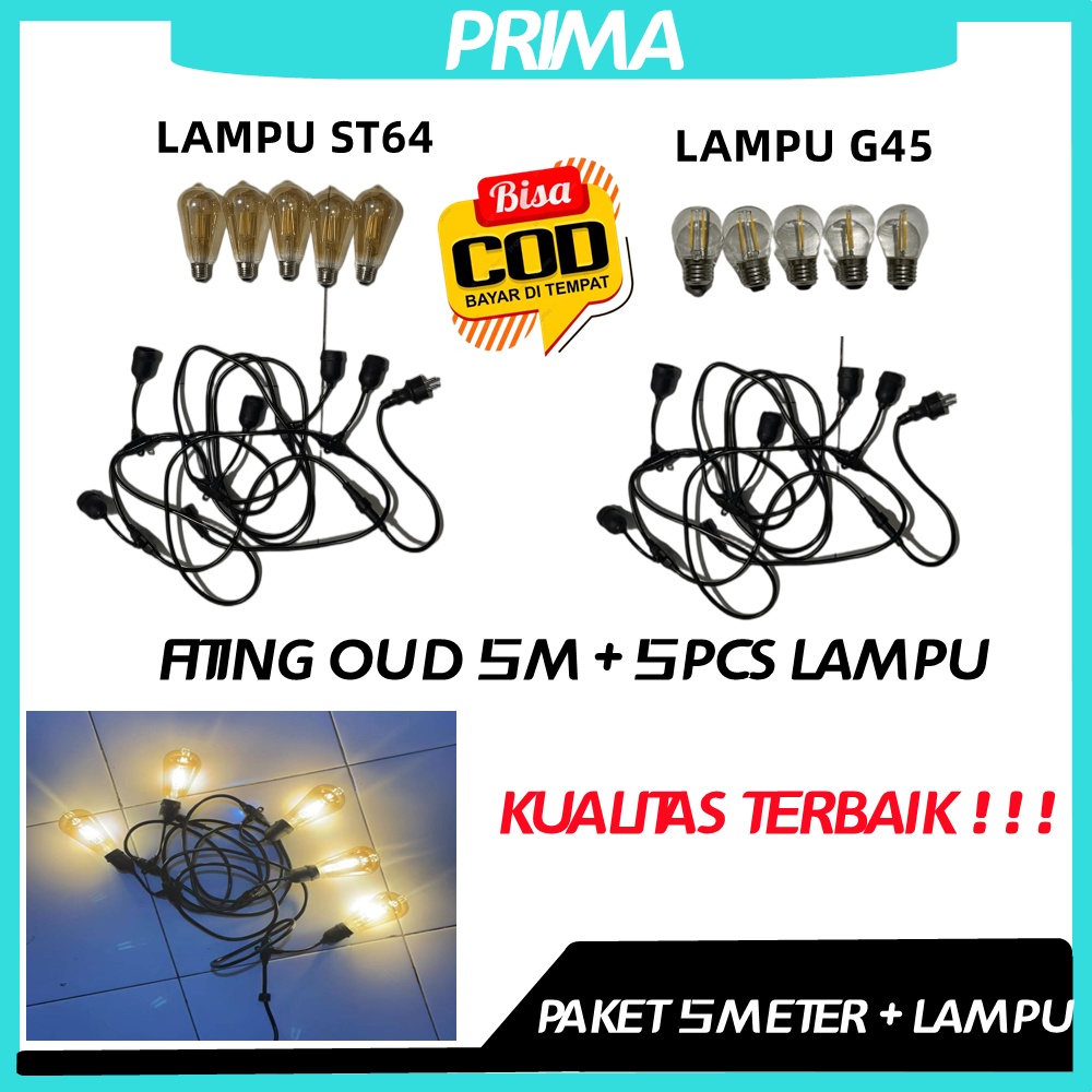 PAKET KOMPLIT FITTING LAMPU GANTUNG 5 M ( 5 FITING KABEL + 5 LAMPU FILAMEN ) SET 5 METER KABEL 5M LANGSUNG SIAP PAKAI