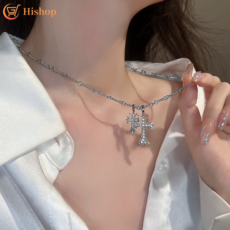 Kalung Rantai Choker Desain Salib Aksen Kristal Warna Silver Untuk Wanita