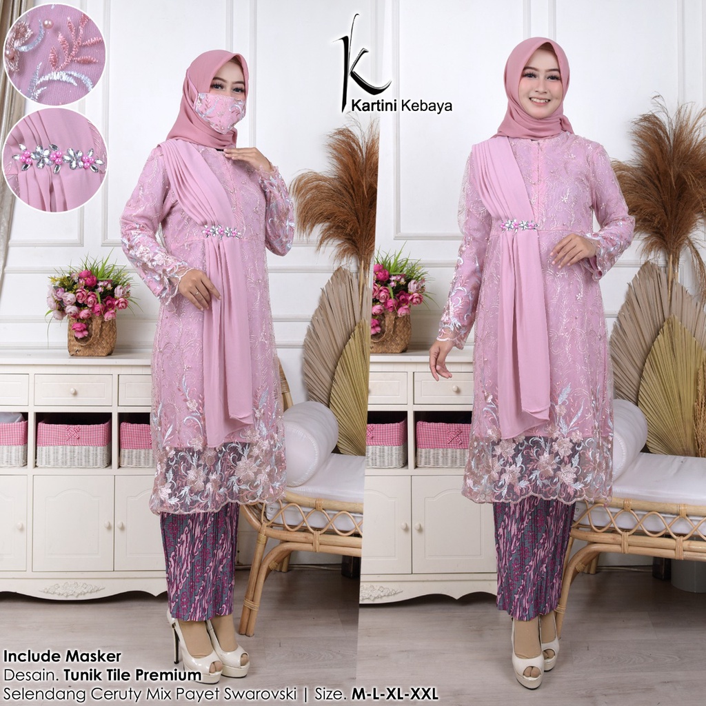 Setelan Kebaya Tunik Tulle / Tunik Tille Selendang Rosegold Premium (FREE MASKER)