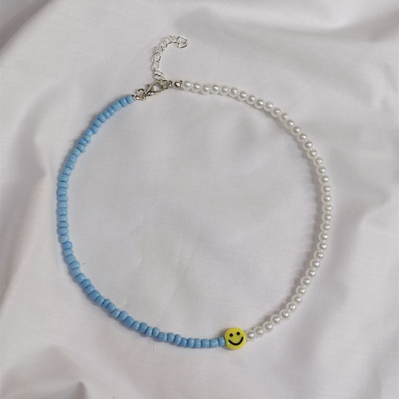 Kalung Choker Smiley Mutiara Biru