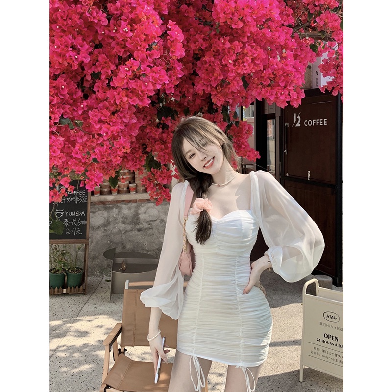 midi dress korea puff sleeve leher persegi putih tas serut lipit rok pendek gaun wanita