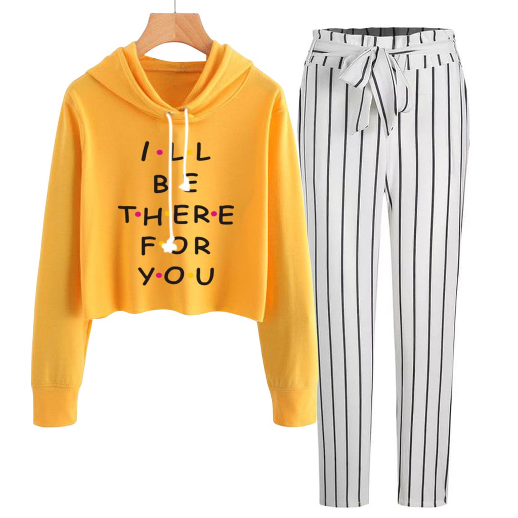 BESS - Baju Setelan Wanita Murah / Setelan Hoodie Crop + Celana Salur Putih - I BE THERE