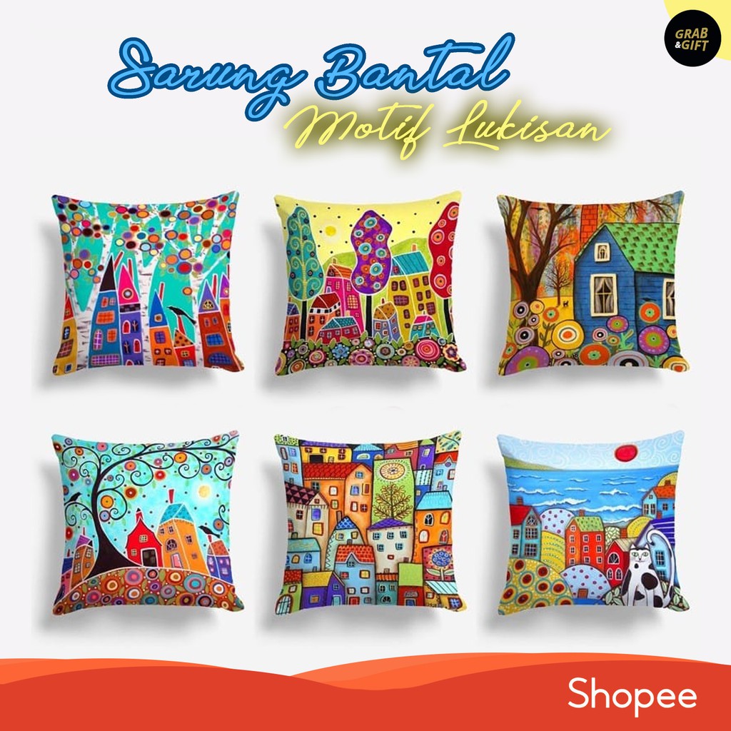 SARUNG Bantal Sofa Motif Lukisan Painting Rumah Retro 40x40 cm