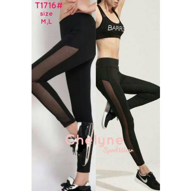 Celana Sport Panjang Tile Samping / Celana Legging Olahraga Jaring Samping Transparan Size M L T1716