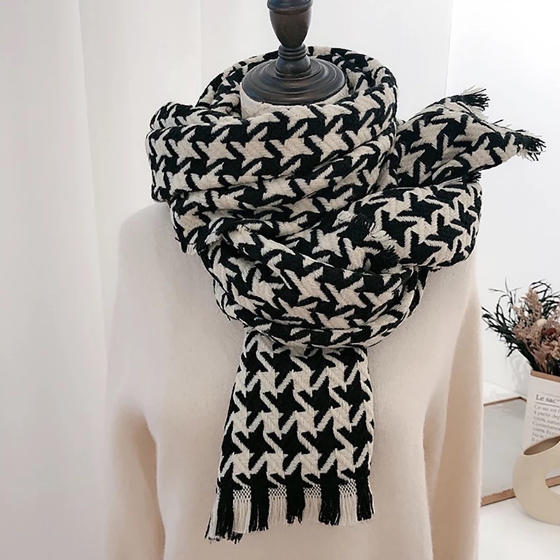 Winter Houndstooth Scarf Syal Pashmina Panjang Bordir