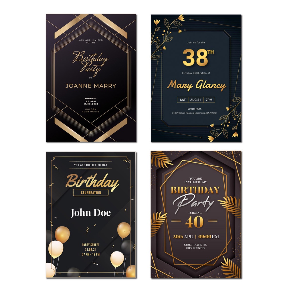 Undangan ulang tahun mewah elegan black golden / undangan ultah desain hitam emas / cetak undangan u