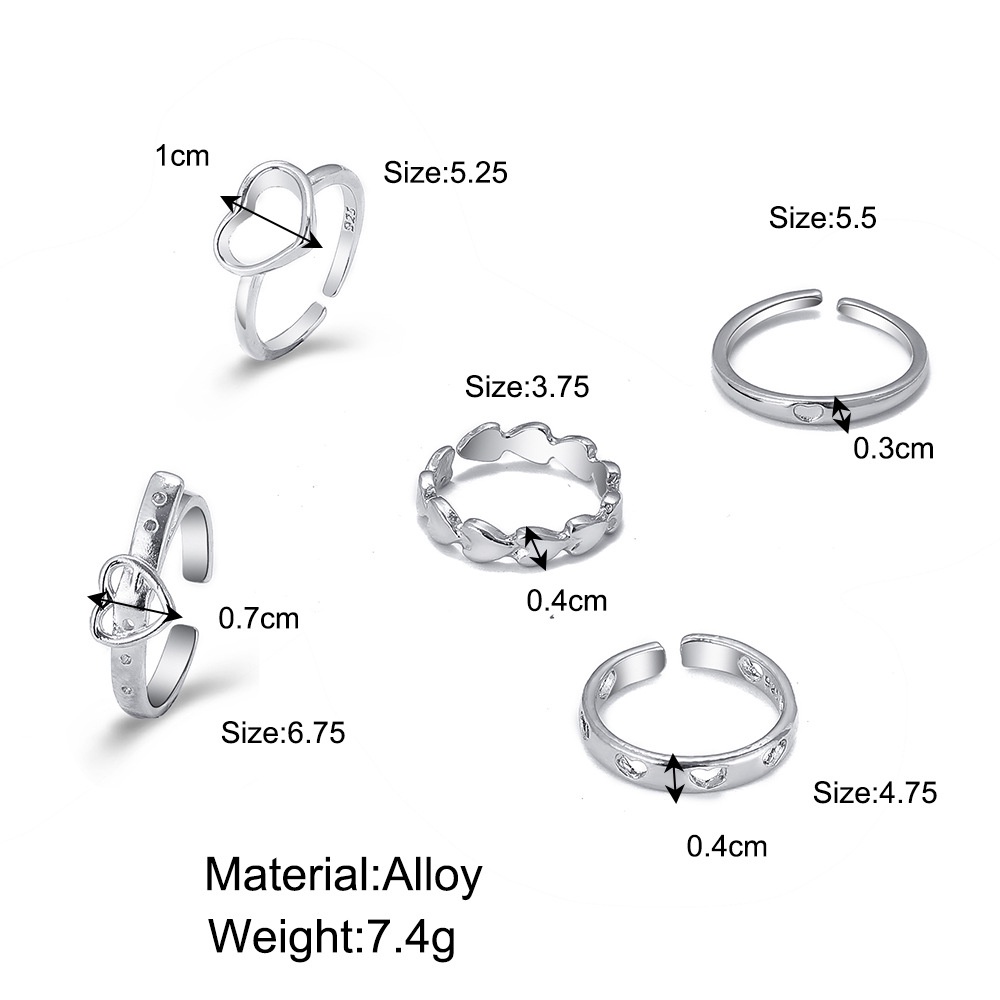 5pcs / Set Cincin Model Terbuka Desain Hati Hollow Gaya Simple / Retro Untuk Wanita