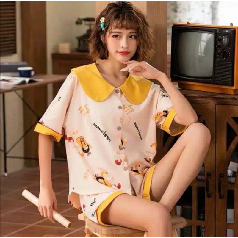 Setelan baju tidur piyama import lucu big size jumbo bahan kaos katun viral HP K hotpant kerah kanci