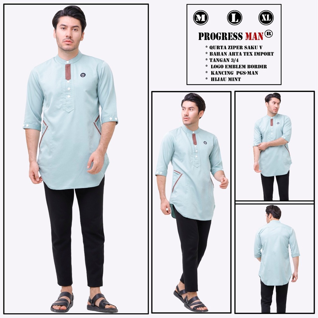 Progress Man Baju Koko Pria Lengan 3/4 Lis Pocket Toyobo Fodu Hijau Mint