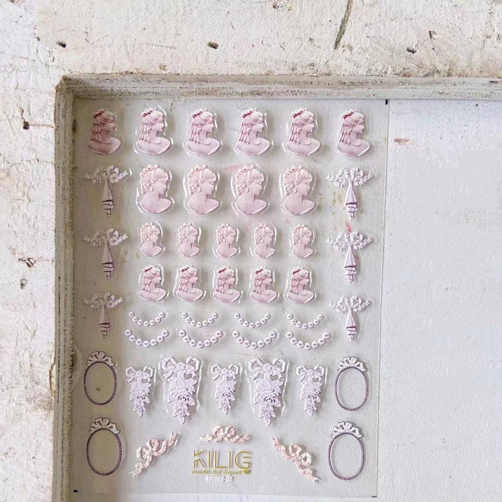 Mxbeauty 5D Stiker Kuku Timbul Salon Gaya Eropa Love Hati Mutiara Bunga Retro Rococo Nail Art Dekorasi