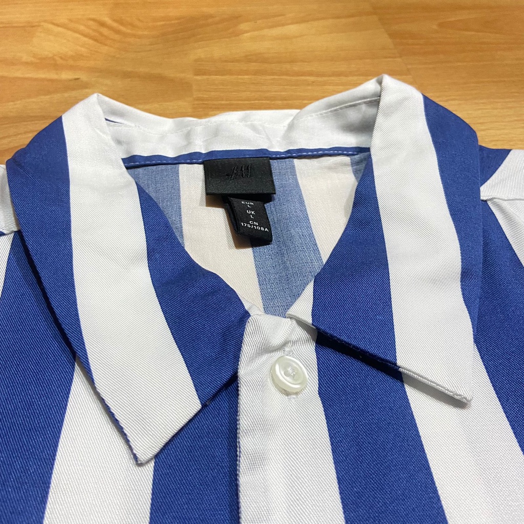 H&amp;M Kemeja Pria Lyocell Formal Kasual Garis Biru Striped Shirt Original