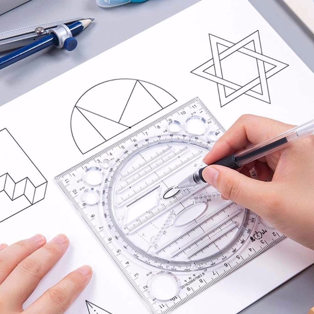 ELEGANT Children Multifunctional Drawing Ruler Construction Scale Geometric Drawing Template Springhall Angle Ellipse Art Design Ruler Design Drawing Ruler Geometric Function 3D Figure Ruler School Accessories Circle Maker Drawing Ruler/Multicolor